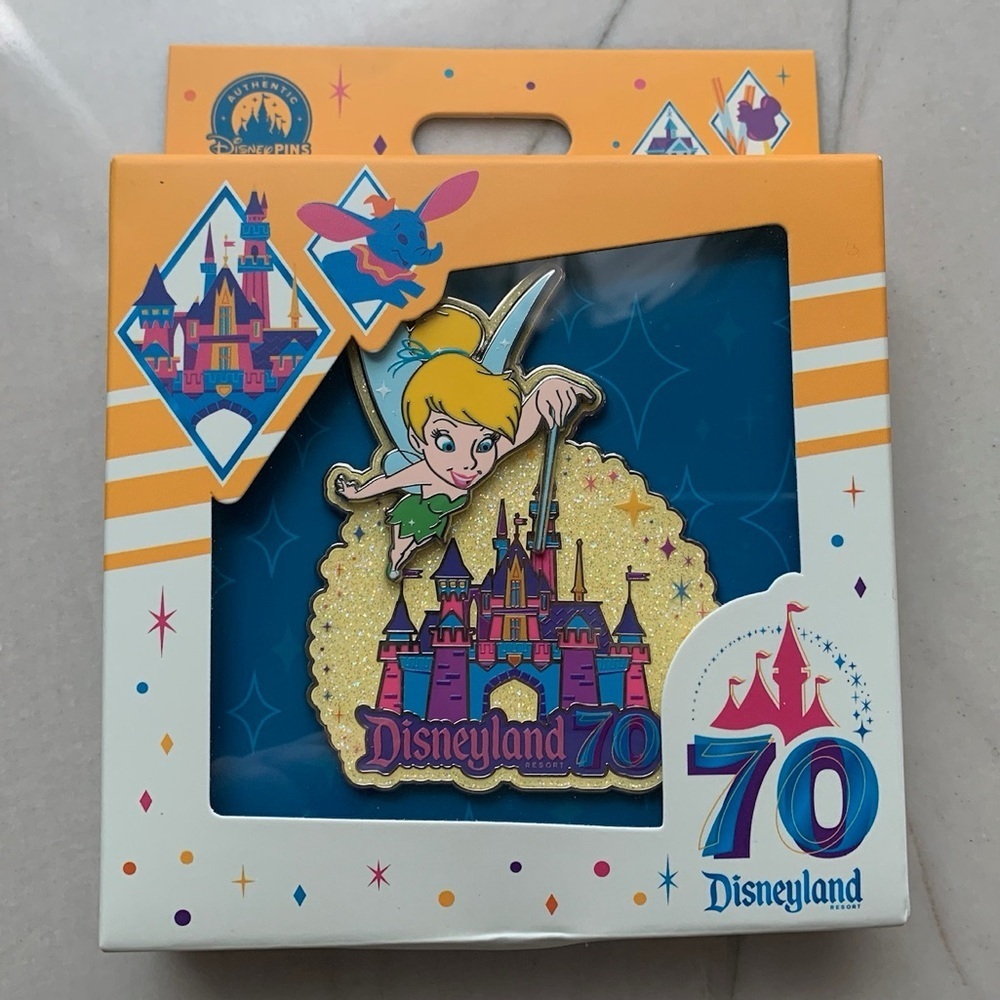 1768 Disneyland 70th Anniversary Tinker Bell Castle Jumbo 3” Pin Glitter Enamel